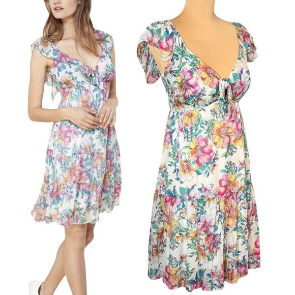 NWT Hale Bob Tiered Babydoll Dress Sz.S Floral Chiffon Flatter Sleeve Romantic - Picture 1 of 15